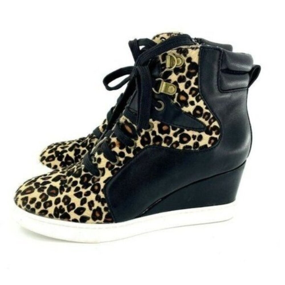 LINEA PAOLO Fleur Wedge Sneakers Leopard Print Calf Hair Leather Shoe SZ 6.5
